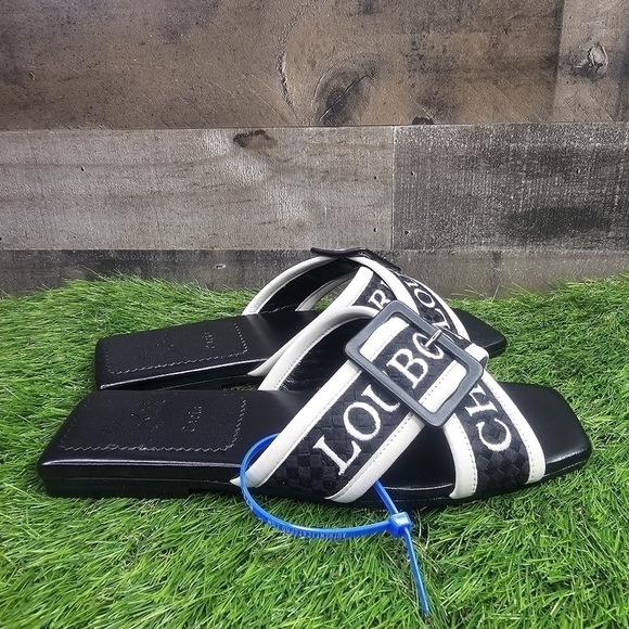 Christian Louboutin Black/White Logo Canvas and Leather Crossimule Flat Slides - Picture 3 of 11